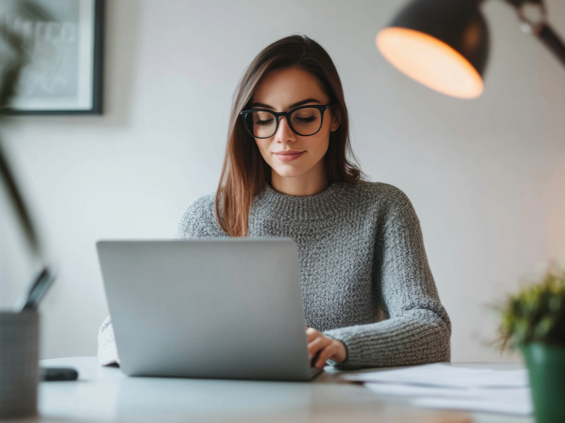 Woman sitting at a desk using a laptop, looking relieved.